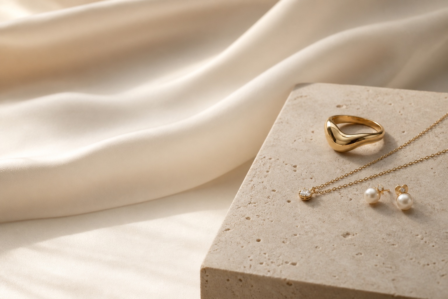 Gold ring, diamond necklace, and pearl earrings arranged on ivory stone and silk