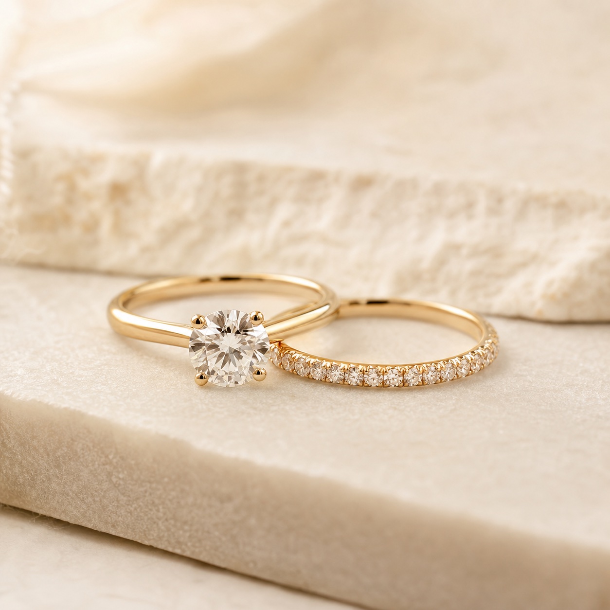 Diamond engagement ring and pavé wedding band together